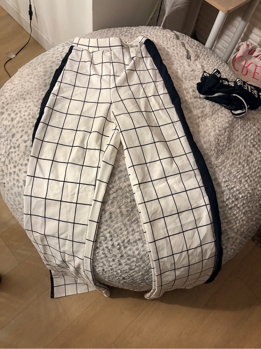 Fashion Nova White Grid Pants with Black Side Panel